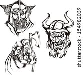 Set of viking heads. Black and white vector illustrations.