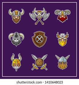 set of viking heads and weapon in cute illustration