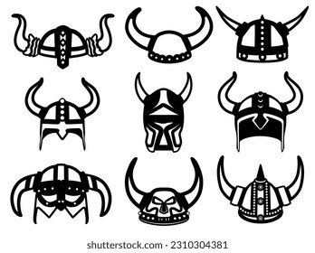 Establezca el logotipo de la armadura del casco Viking. Vikings Icono negro diseños vectores Ilustración