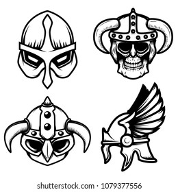 Set of viking helmets isolated on white background. Design element for logo, label,sign. Vector image