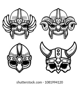 Set of viking helmets isolated on white background. Design element for logo, label,sign. Vector image