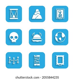 Set Viking in horned helmet, Broken ancient column, Picture, Earth globe, Rope barrier, Human skull, Portrait museum and Old hourglass with sand icon. Vector
