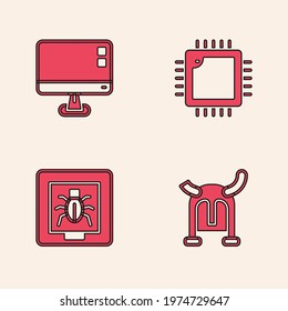 Set Viking in horned helmet, Computer monitor screen, Processor with CPU and Insects a frame icon. Vector