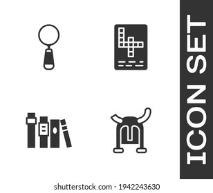 Set Viking in horned helmet, Magnifying glass, Book and Crossword icon. Vector