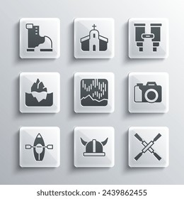 Set Viking in horned helmet, Oars paddles boat, Photo camera, Northern lights, Kayak and, Iceberg, Winter warm boot and Binoculars icon. Vector