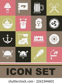 Set Viking in horned helmet, Shield viking, Wooden beer mug, head, Sea and waves, Mushroom and Magic rune icon. Vector