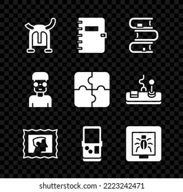 Set Viking in horned helmet, Spiral notebook, Book, Postal stamp, Tetris, Insects frame, Nerd geek and Piece of puzzle icon. Vector
