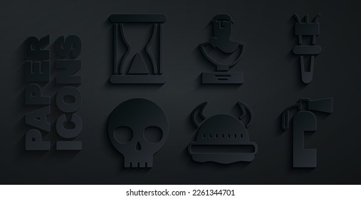 Set Viking in horned helmet, Torch flame, Human skull, Fire extinguisher, Ancient bust sculpture and Old hourglass with sand icon. Vector