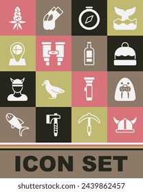 Set Viking in horned helmet, Walrus animal, Beanie hat, Compass, Binoculars, Location flag Iceland, Lupine flower and Bottle of vodka icon. Vector