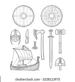 Set viking. Knife, drakkar, axe, helmet, sword, hammer, thor amulet with runes. Vintage vector black engraving illustration isolated on white background. Hand drawn design element for poster, tattoo