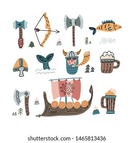 Set viking. Knife, drakkar, axe, helmet, sword, hammer, thor. Doodle scandinavian vector color engraving illustration isolated on white background. Hand drawn design element for poster, print.