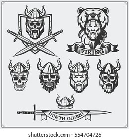 Set of viking labels, badges and emblems. Skull, horned helmet, warrior, shield, sword. Vintage style.
