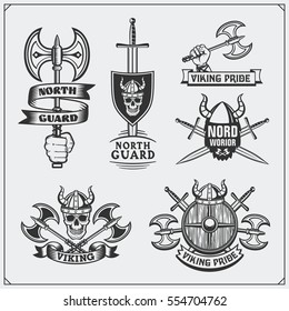 Set of viking labels, badges and emblems. Skulls and axes. Vintage style.