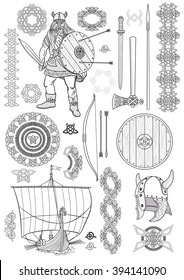 Set Viking Life. Man Viking, Rowing Boat, Sword, Helmet, Ax, Spear, Bow, Arrows, Shield, Pattern, Ornament. Sketch. Vector Illustration.