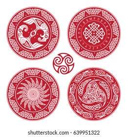 Set Viking shield, decorated with a Scandinavian pattern of dragons and Aegishjalmur, Helm of awe (helm of terror), Icelandic magical staves, isolated on white, vector illustration