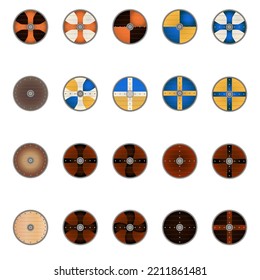 Conjunto de escudos viking en estilo realista. Armas viking. Ilustración vectorial colorida aislada en fondo blanco.