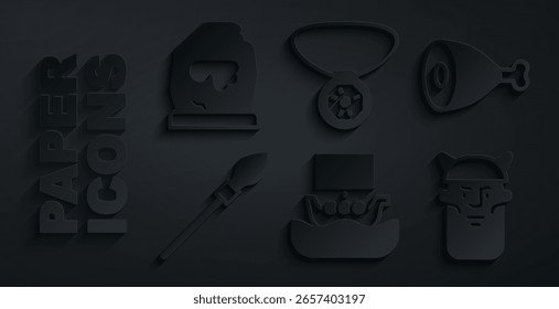 Conjunto barco vikingo Drakkar, pierna de pollo, lanza medieval, cabeza, collar con gema e icono de runa mágica. Vector