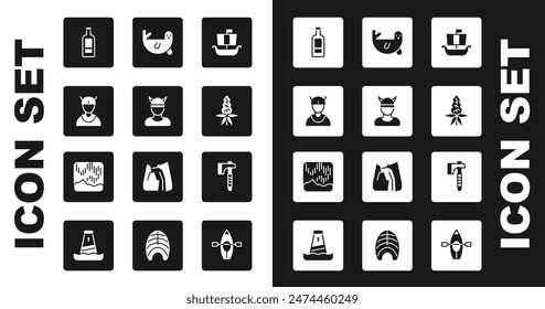 Set Viking ship Drakkar, head, Bottle of vodka, Lupine flower, Fur seal animal, Wooden axe and Northern lights icon. Vector