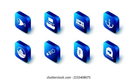 Set Viking ship Drakkar, King crown, Anchor, Magic rune, Medieval sword, Sea and waves and Chicken leg icon. Vector