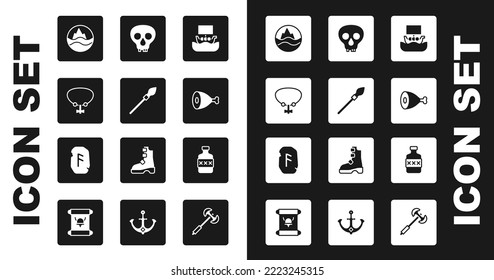 Colocar el barco de Viking Drakkar, lanza medieval, collar con gema, mar y olas, pierna de pollo, cráneo, botella de Whiskey e icono de la pista mágica. Vector