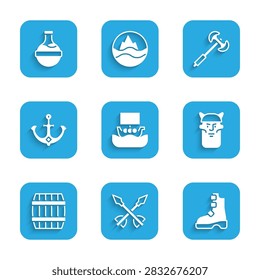 Set Viking ship Drakkar, Medieval arrows, Ancient viking boots, head, Wooden barrel, Anchor, poleaxe and Bottle with potion icon. Vector