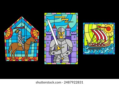 Set of Viking ship and Medieval Knights colorful stained glass window. Colored gothic mosaic decoration for interior. Vector illustration.