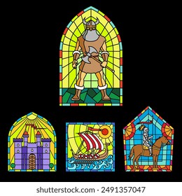 Conjunto de barco vikingo y Caballeros Medievales colorido vitral. Decoración de mosaico gótico de colores para el interior. Ilustración vectorial.