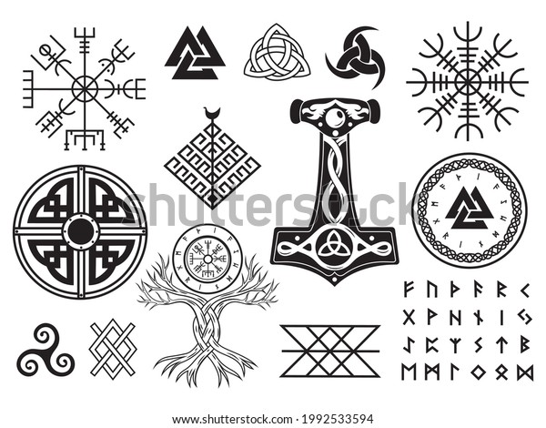 Set of Viking symbols. Collection of scandinavian pagan\
norse sign vegvisir, celtic tree of life, hammer of Thor, etc.\
Magic warrior norse symbol. Vector illustration on white\
background. 