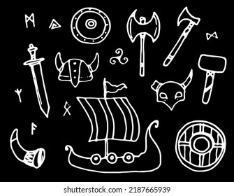 A set of Viking vectors. a hand-drawn set of Scandinavian Viking helmets with horns, sword, broadsword, axe, spear and boat, with letters highlighted with a white line on black for a design template