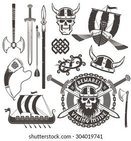 Set of Viking warrior elements. Emblem with skull in a horned helmet. Drakkar, sword, axe, horn, dragon, ornament.