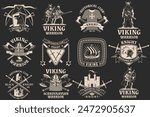 Set of viking warrior and knight historical club logos, badges, stickers. Vector. Patch design heraldic shield with a knight, viking in helmet with crossed battle axe, sword and nordic ship