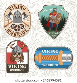 Set of viking warrior logos, badges, stickers. Vector illustration. For emblems, labels and patch. Patch design heraldic shield with a viking in helmet with crossed battle sword and axe