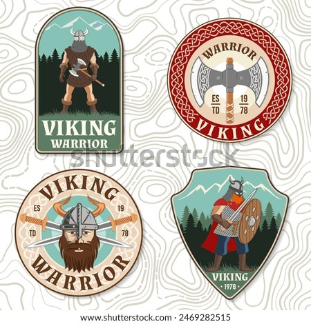 Set of viking warrior logos, badges, stickers. Vector illustration. For emblems, labels and patch. Patch design heraldic shield with a viking in helmet with crossed battle sword and axe