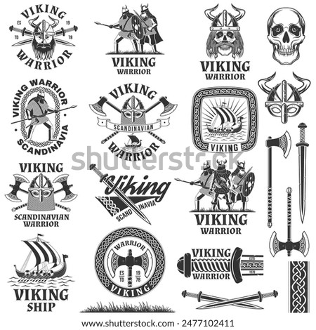 Set of viking warrior logos, badges, stickers. Vector illustration. For emblems, labels and patch. Monochrome style viking in helmet with crossed battle sword, axe, spear and round shield