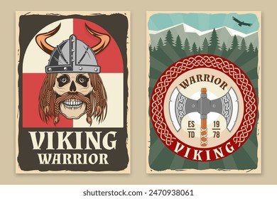 Set of viking warrior retro posters. Vector illustration. Flyer, brochure, banner template with a viking in helmet with and double axe medieval weapon