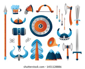 Set of viking weapon. Funny collection of cartoon military arsenal - shield, helmets, spear, swords, hammer of Thor and more. Vector illustration isolated on white background.