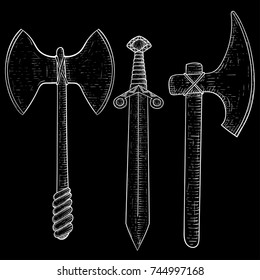 Set of viking weapons. Hand drawn sketch on black background. Vector illustration