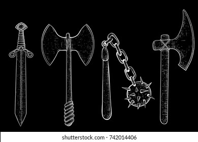 Set of viking weapons - sword, axes and flail. Hand drawn sketch on black background. Vector illustration