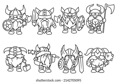 Set of vikings gnome. Collection of little garden gnomes. Scandinavian dwarf. Magic warrior character. Vector illustration on white background. 