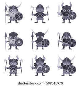 Set of Vikings. Vector illustration of warriors with ax, sword, lance and armor. A medieval man in a costume with weapon and shield in hand. Isolated characters on a white background in a flat style.