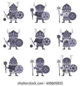 Set of Vikings. Vector illustration of warriors with spear and armor. A medieval man in a costume with weapon and shield in hand. Isolated characters on a white background in a flat style.