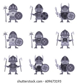Set of Vikings. Vector illustration of warriors with ax, sword and armor. A medieval man in a costume with weapon and shield in hand. Isolated characters on a white background in a flat style.