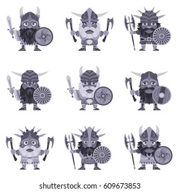Set of Vikings. Vector illustration of warriors with ax, sword, symmetrical double - bitted axe and armor. A medieval man in a costume with weapon and shield in hand. Isolated character in flat style