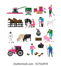 Set of village characters isolated on white background. People working on farm, field, apiary. Domestic animals. Agricultural machinery and tools. Vector design elements, icons in flat style.