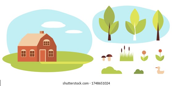 Casa rural y naturaleza rural. Ilustración vectorial del ocio ecológico. Quédate en casa, autoaislamiento, cuarentena. Utilizar la composición completa y los elementos individuales: pájaros, casa, arbustos, árboles.