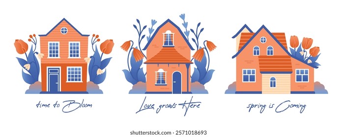 Set of village houses among spring flowers, leaves, tulips and snowdrops. Spring is coming. Time to Bloom. Cute naive illustrations with rural architecture to spring cards, banners. Flat Design.