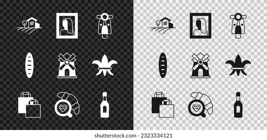 Set Village landscape, Portrait picture in museum, Scooter, Paper shopping bag, Coffee cup with croissant, Champagne bottle, French baguette bread and Windmill icon. Vector