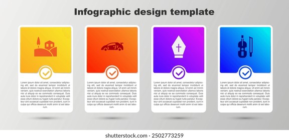 Set Village landscape, Sport racing car, Pope hat and Violin. Business infographic template. Vector