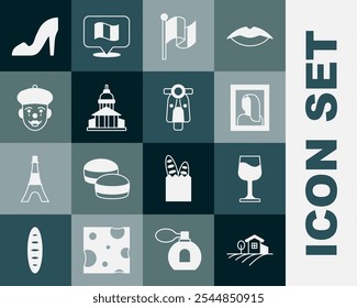 Set Village landscape, Wine glass, Portrait picture museum, Flag France, Museum building, French mime, Woman shoe and Scooter icon. Vector