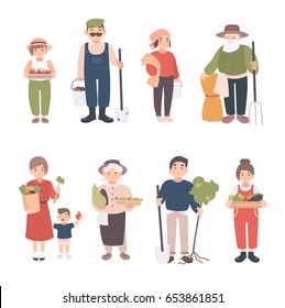 Set Of Village People. Different Young, Adult, Old Farmers And Kids. Happy Man And Woman With Seedlings, Crops, Tools. Colorful Vector Illustration In Cartoon Style.